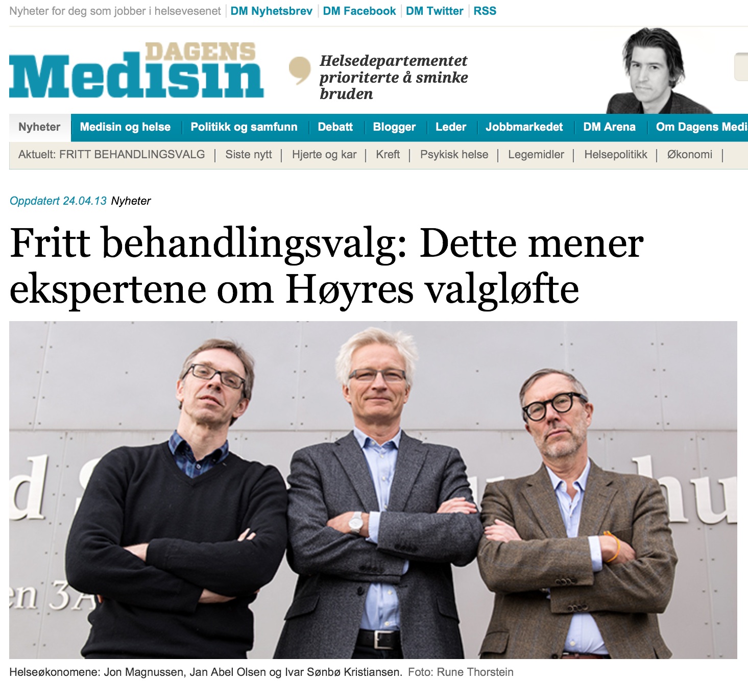 Faksimile fra Dagens Medisin 24.04.13. Helseøkonomene: Jon Magnussen, Jan Abel Olsen og Ivar Sønbø Kristiansen.