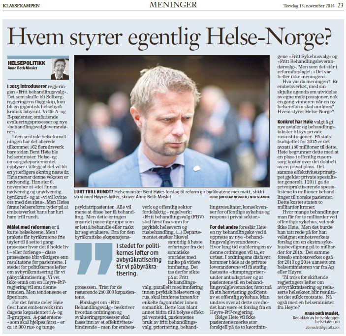 Hvem styrer egentlig Helse-Norge? (Faksimile Klassekampen 13.11.2014)