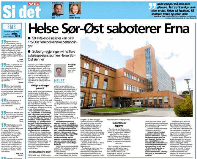 Helse Sør-Øst saboterer Erna (Faksimile VG)