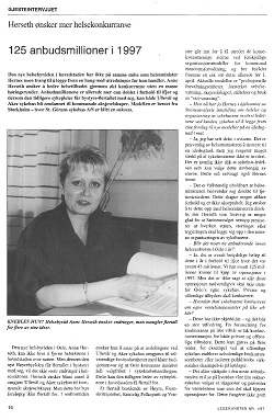 Helsebyråd Anne Herseth (H) ønsker mer helsekonkurranse. Faksimile Praktiserende spesialisters landsforenings tidsskrift Legekunsten 1/1997.